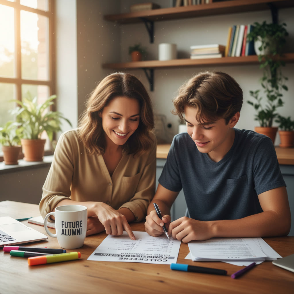 Photo Idea : A parent and student reviewing a printed college admissions checklist together at a kitchen table, coffee mug visible, showing collaboration and planning.