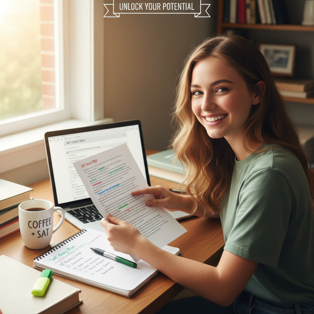 Photo idea: A student reviewing a typed essay with color-coded annotations on a desk, a notebook open with a checklist and a laptop nearby.