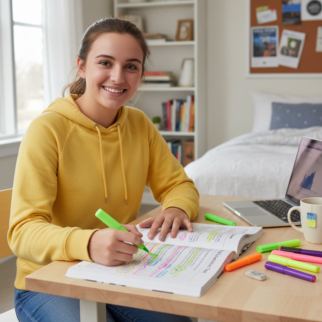 Photo idea: A student at a desk with a printed passage, colorful highlighters, and margin notes showing active reading annotations.