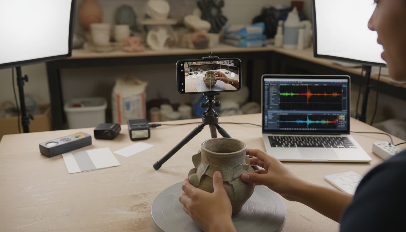 Photo Idea : A closeup image suggestion placed near technical advice — Hands adjusting a ceramic piece under neutral studio lighting, with a smartphone on a tripod taking a top-down shot, illustrating proper documentation and photography setup.