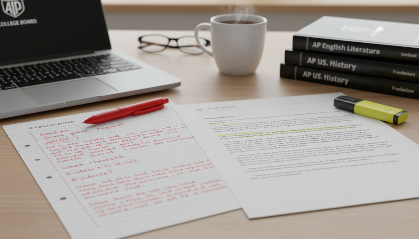 Photo Idea : A close-up of a graded practice essay with instructor comments, a red pen, and a clean revision beside it—visual of progress and iteration.