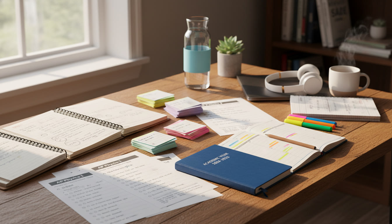 Photo Idea : A tidy study spread on a wooden desk — spiral notebooks, index cards, printed practice questions, a paper planner, highlighters, and a water bottle. Sunlight pours in from the side to evoke calm, focused study.