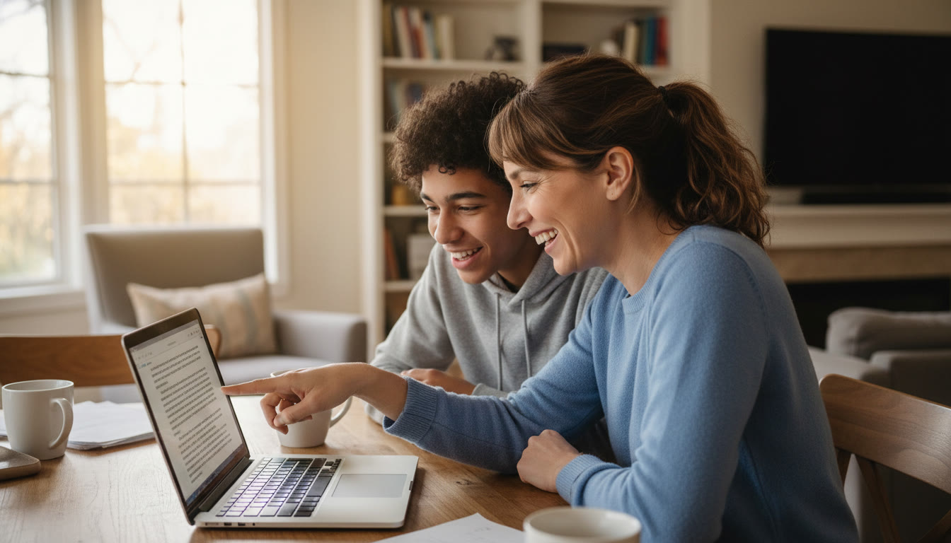 Photo Idea : A warm, supportive scene of a parent and teen leaning over a draft on a laptop, pointing at a paragraph while smiling — suggests collaboration and encouragement during the revision process.