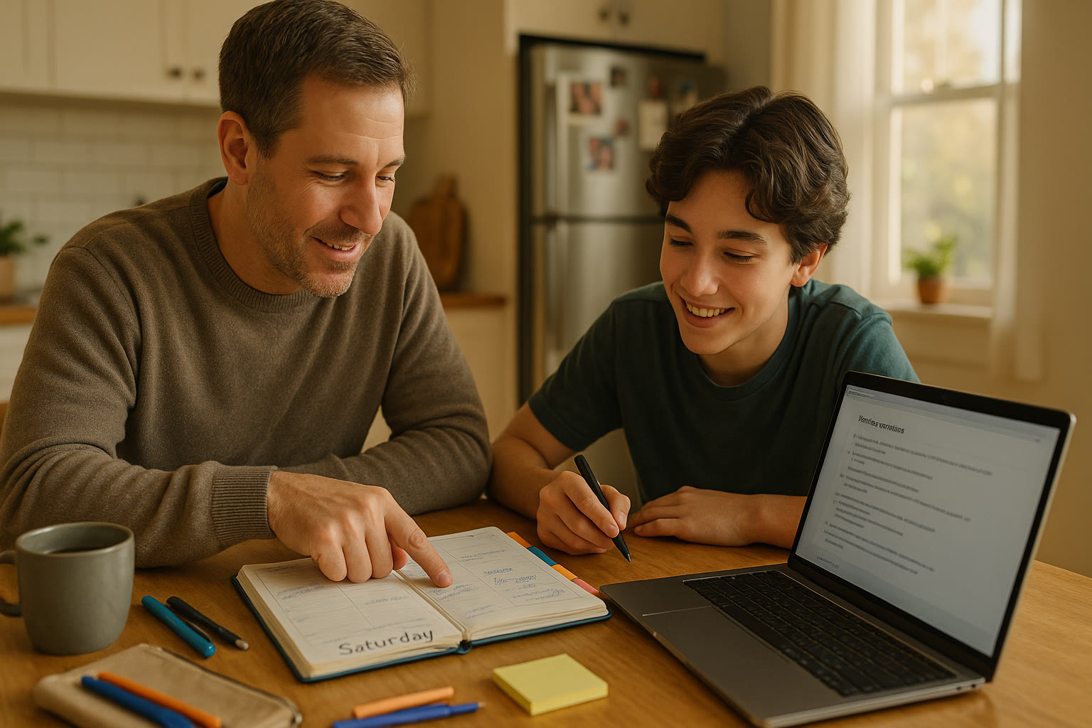 Photo Idea : A parent and student at a kitchen table looking over a Saturday planner together, smiling, with a laptop open to practice questions—visualizing collaboration and calm organization.