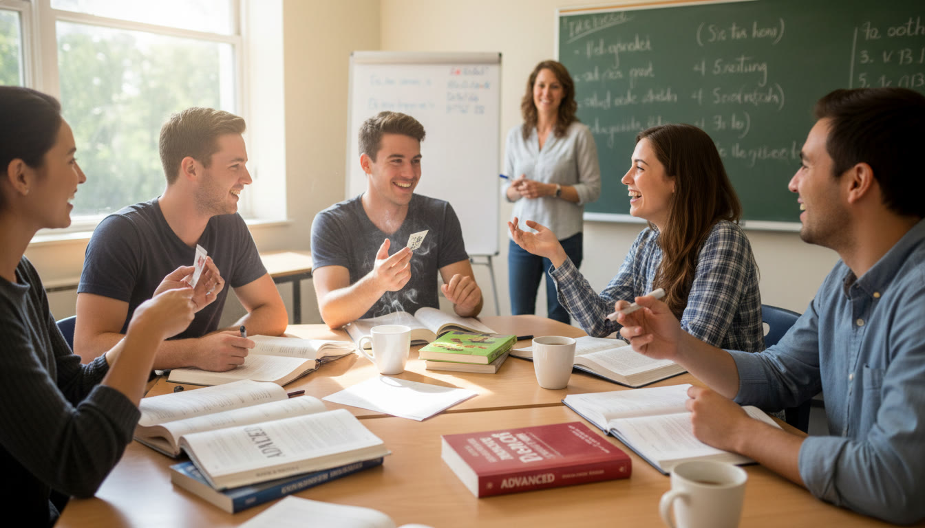 Photo Idea : A bright, candid shot of a small college language classroom with students speaking in the target language; textbooks and coffee cups on desks, capturing the energy of a 2nd‑year course.