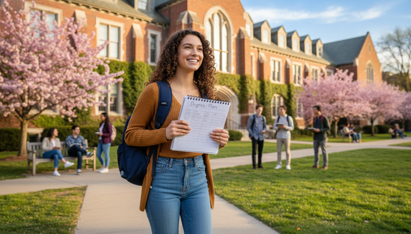 Photo Idea : A bright, optimistic photo of a first-year student walking past a university building with a backpack and a notebook labeled 