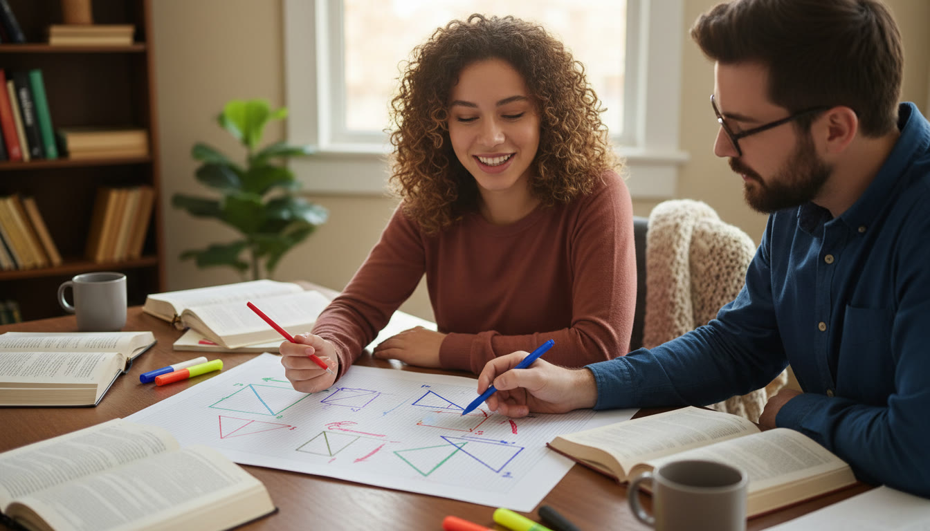 Photo Idea : A cozy study scene with a student and a tutor at a desk, working through transformation problems with colored pens and graph paper, illustrating collaborative, personalized tutoring.