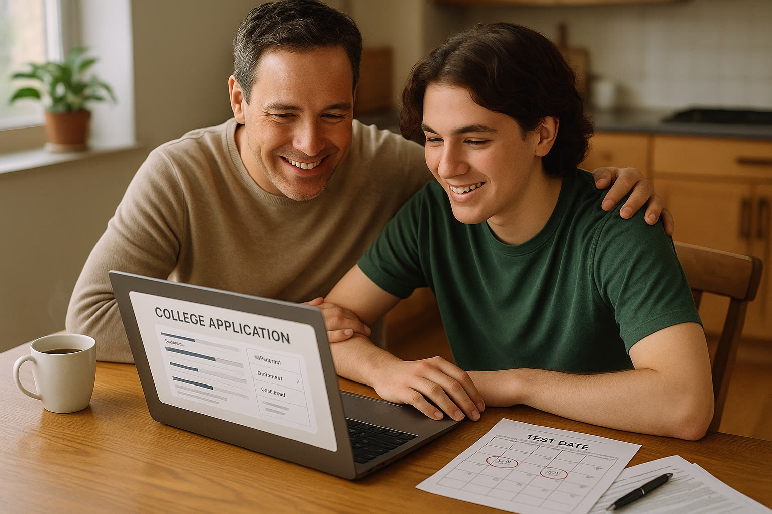 Photo Idea : A reassuring scene of a parent and teen sitting at a kitchen table with a laptop open to a college application dashboard, soft natural light, a cup of coffee nearby, and a paper calendar with testing dates circled.
