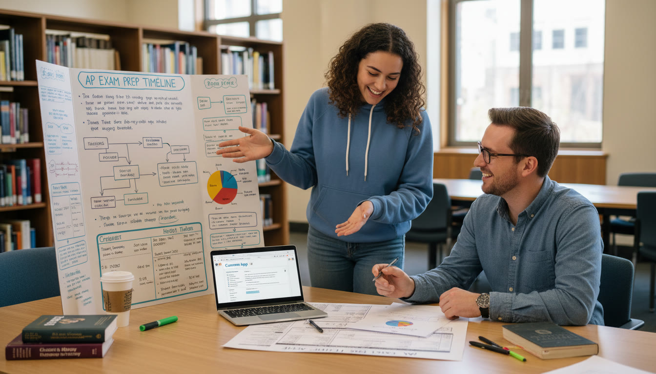 Photo Idea : A student and a tutor reviewing a poster and mock application together, pointing at a chart—conveys mentorship, collaboration, and the editing process. Place this image near the section discussing tutoring and study tips.