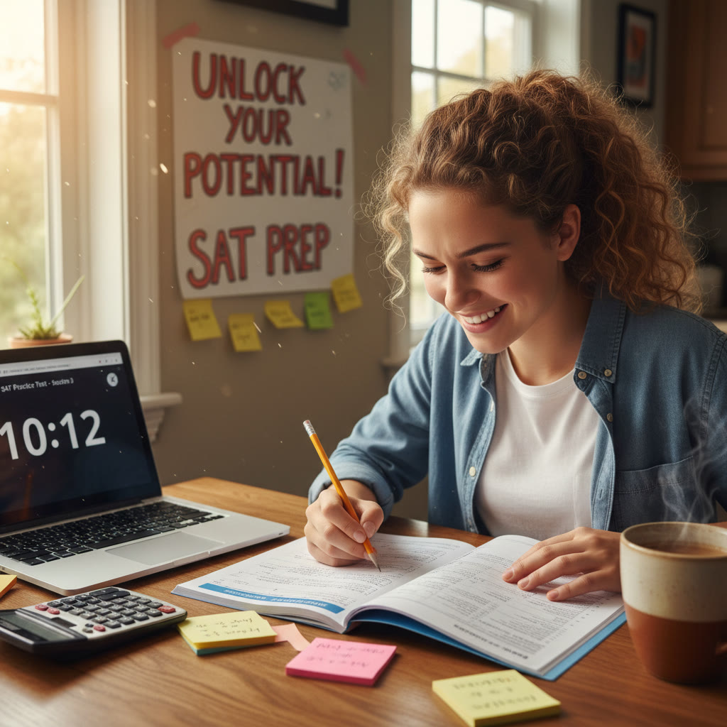 Portrait-style photo idea: A focused student taking a practice test at a kitchen table with notes, a laptop, and a calculator—warm, real, and studious.
