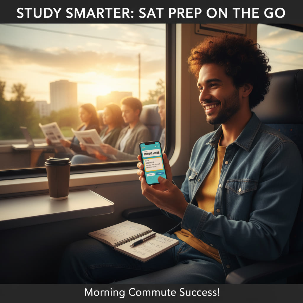 A commuter on a morning train studying SAT flashcards on a phone, with a small notebook beside them.