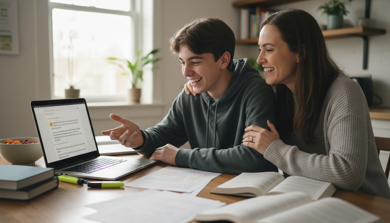Photo Idea : A warm, candid photo of a parent and teen at a kitchen table with a laptop open, both smiling and reviewing a teacher's reply — natural light, casual clothes, papers and highlighters scattered to suggest study in progress.
