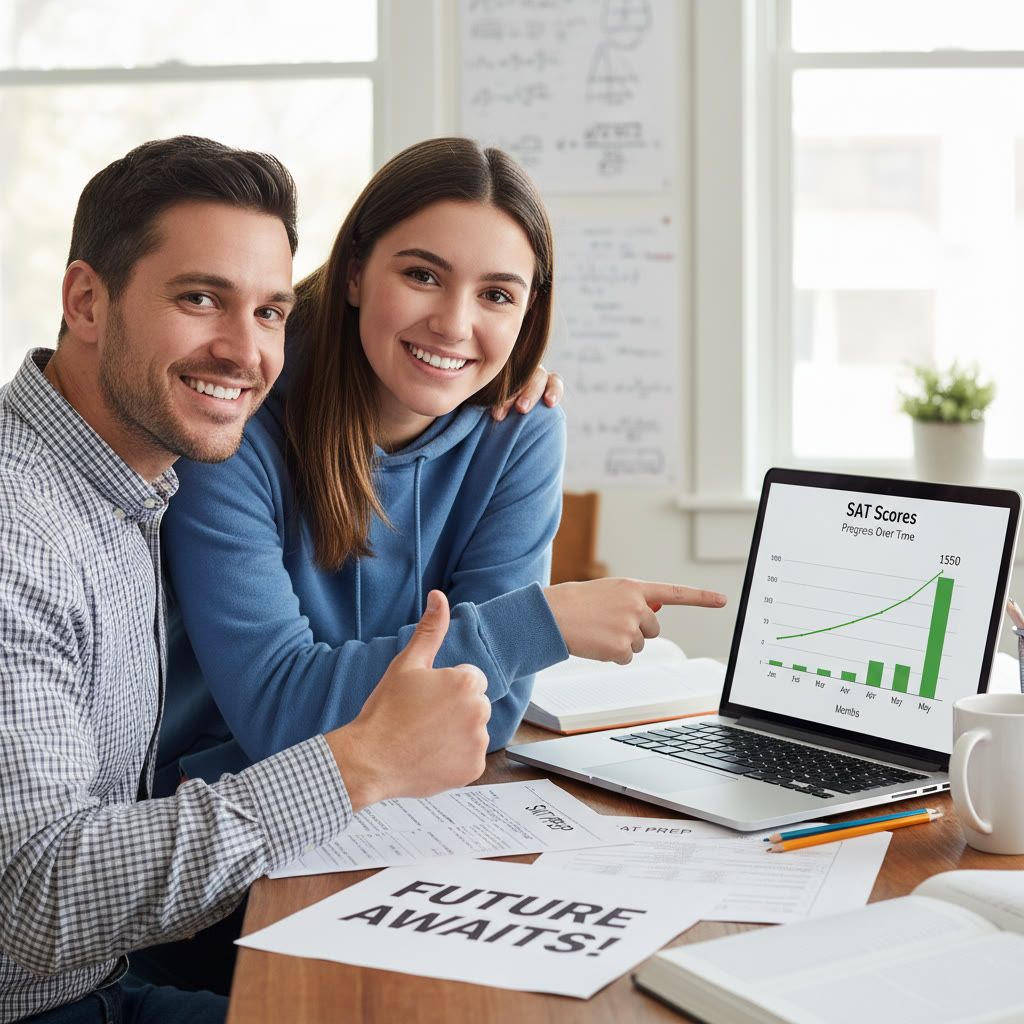 Photo Idea : A celebratory photo of a student reviewing a rising score chart with a tutor, papers and a laptop on the table, showing progress over time.