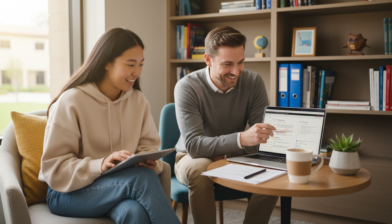 Photo Idea : A quiet study nook with a student reviewing AP free-response notes on a tablet while a tutor points out strategies on a laptop screen. This image complements discussion of targeted tutoring and should appear near the section on personalized tutoring.