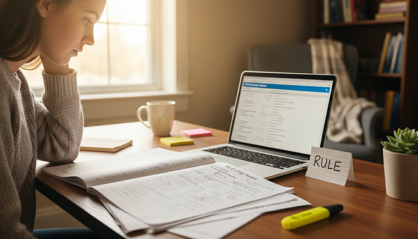 Photo Idea : A student at a desk with practice pages, a laptop open to an AP review sheet, and a handwritten