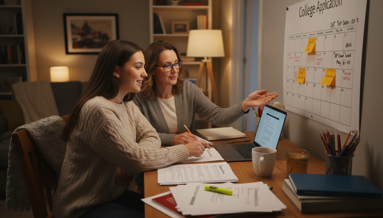 Photo Idea : A cozy evening scene of a student and parent reviewing a college application checklist together, post-it notes marking SAT test dates and AP exam week on a calendar showing collaborative planning and calm preparation.