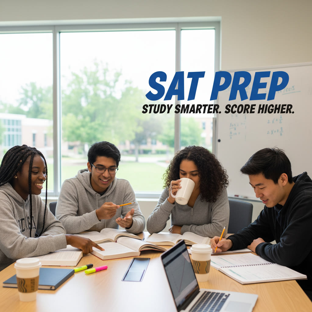 Portrait of a diverse group of high school students studying together, showing collaboration and focused preparation for the SAT.