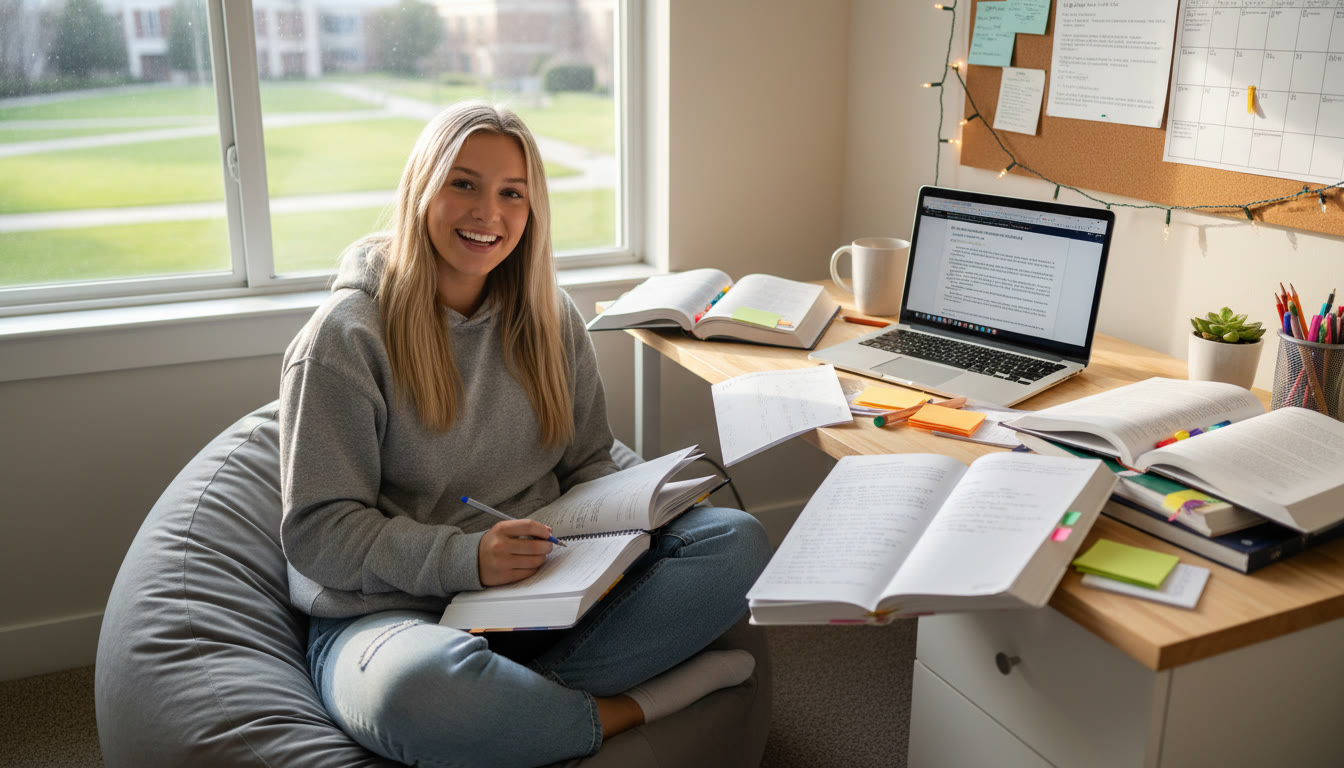 Photo Idea : A bright study nook with AP textbooks, annotated notes, and a laptop open to a draft of an essay—captures the intimate, hardworking side of AP students.