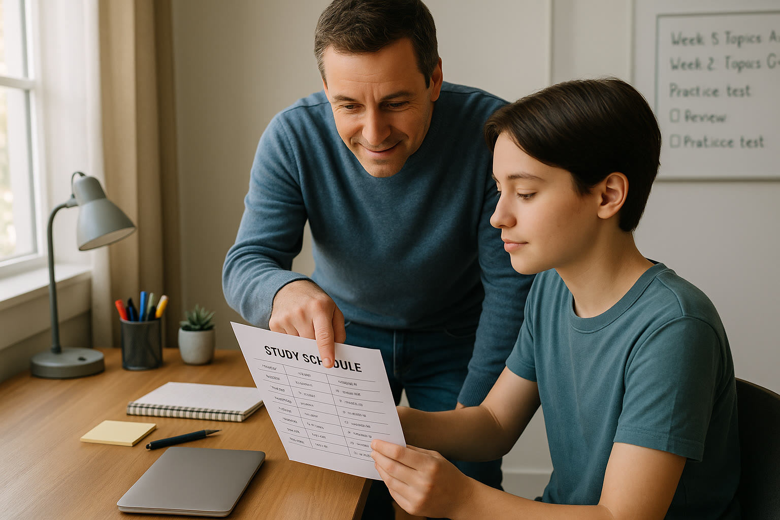 Photo Idea : A parent and student reviewing a printed study schedule at the tidy study desk, with a laptop closed nearby and a whiteboard showing pacing checkpoints.