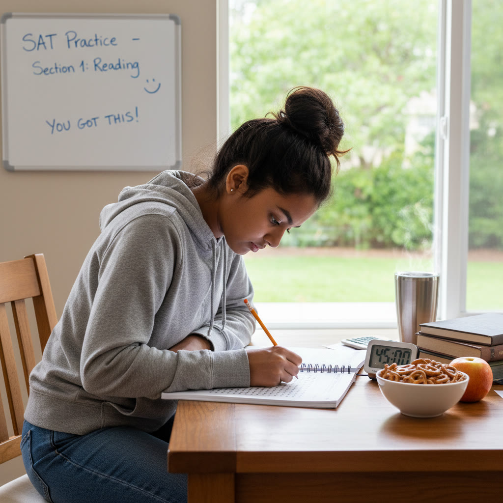 Student at a kitchen table taking a practice SAT with a timer, pencil, and snacks nearby — showing focus and a realistic home test setup.