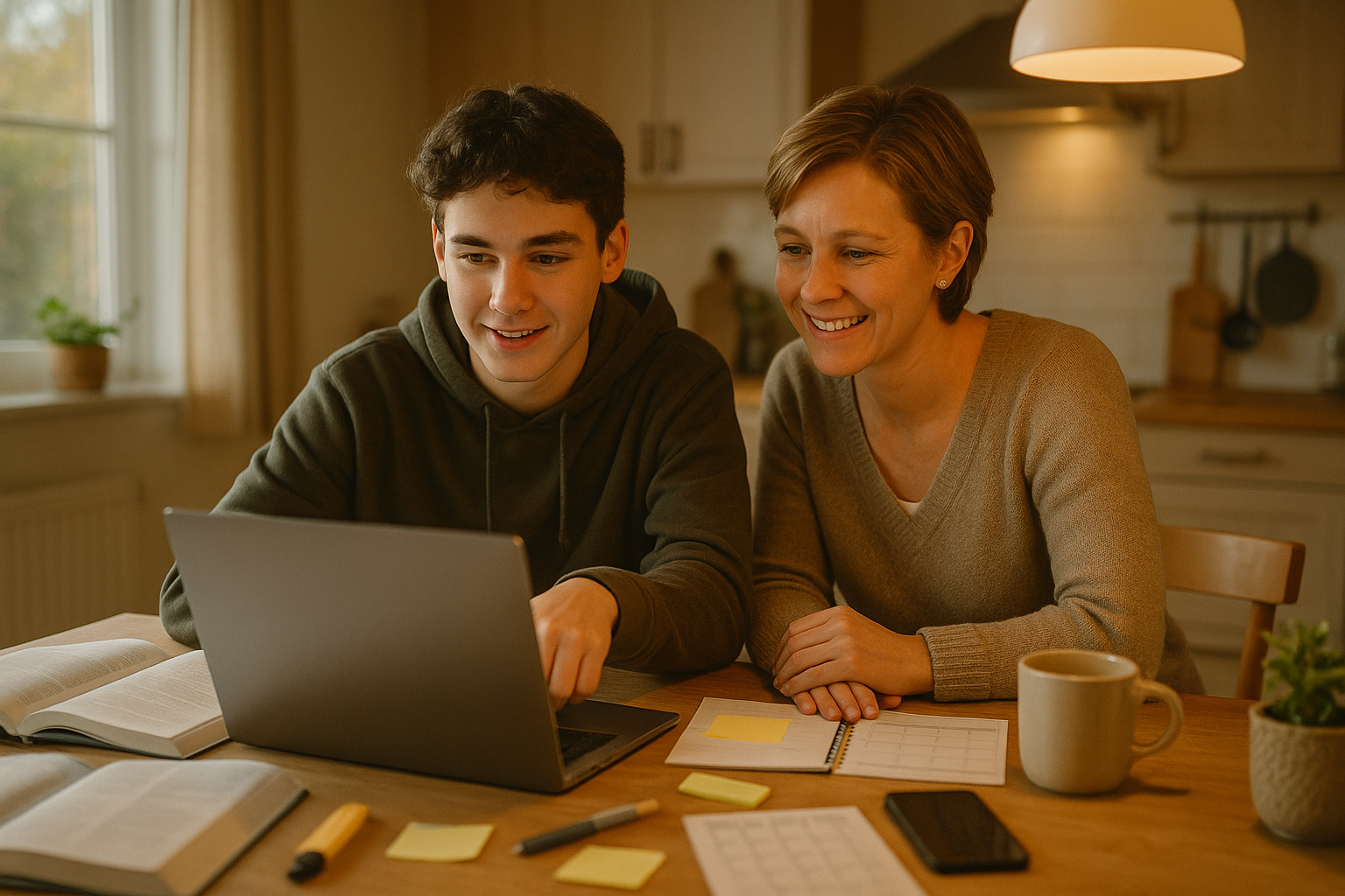Photo Idea : A bright, candid photo of a high-school student and their parent at a kitchen table, reviewing a laptop screen together with books and notes spread out — warm lighting, relaxed and hopeful expressions.
