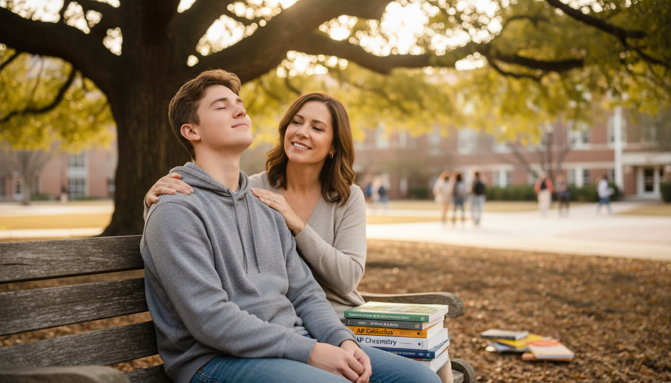 Photo Idea : A calm scene near the end of the article showing a student breathing with eyes closed and parent offering a supportive hand on their shoulder — communicates reassurance and emotional support after preparation.