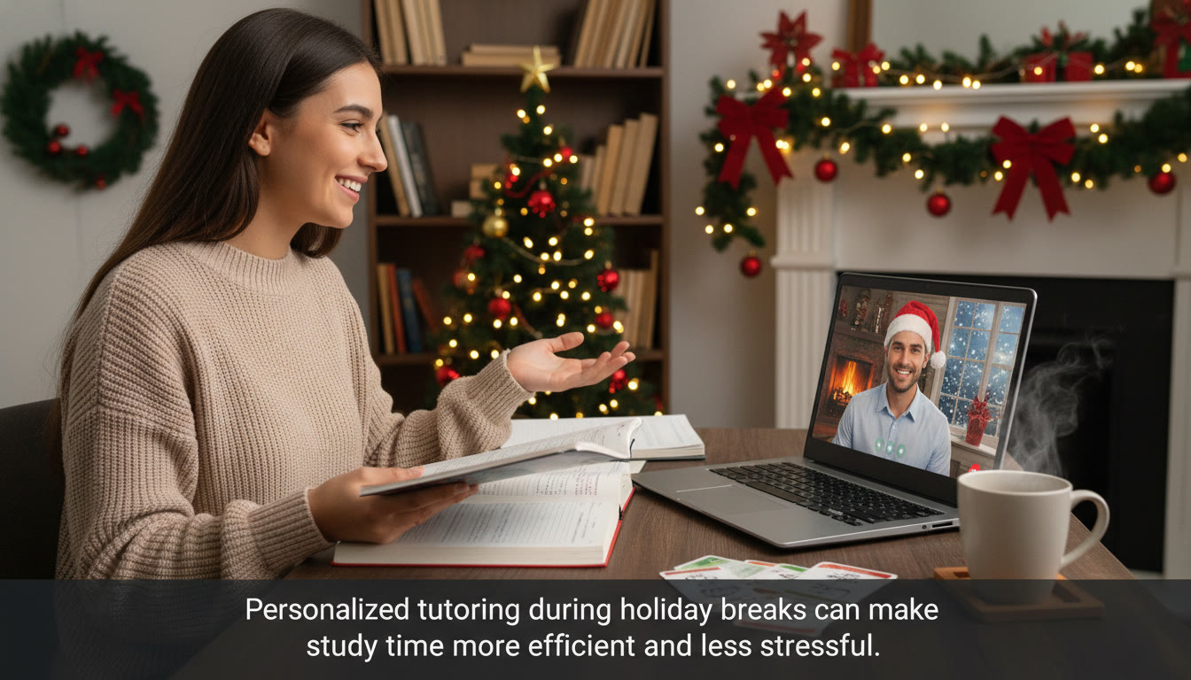 Photo Idea : A student meeting with an online tutor over video call, with a holiday-themed backdrop. Caption idea:
