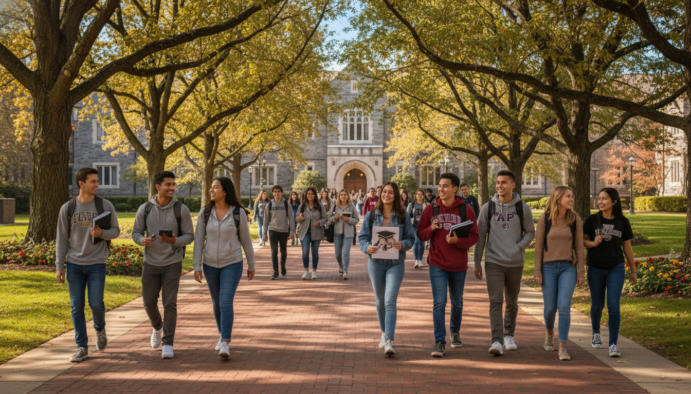 Photo Idea : A bright photo of a college campus pathway with students heading to class — evokes the goal of using AP credit wisely to access campus opportunities.