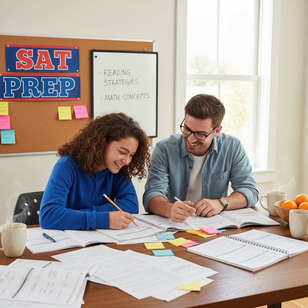 Photo idea: A student and tutor working at a desk with practice tests and notes spread out — focus on collaboration and individualized attention.