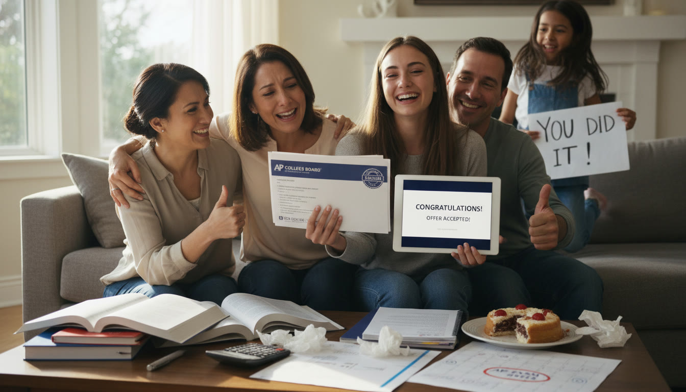 Photo Idea : A celebratory moment: a student opening an acceptance letter or viewing an offer online with family nearby — candid joy, natural light, showing the emotional payoff of preparation and careful planning.