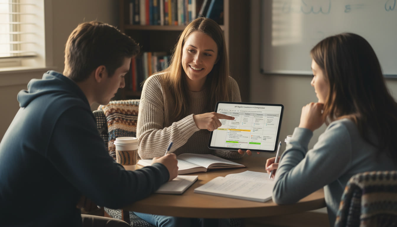 Photo Idea : A small group tutoring session with a tutor pointing at a rubric on a tablet while a student practices an essay—warm lighting, collaborative atmosphere, showing mentorship and immediate feedback.