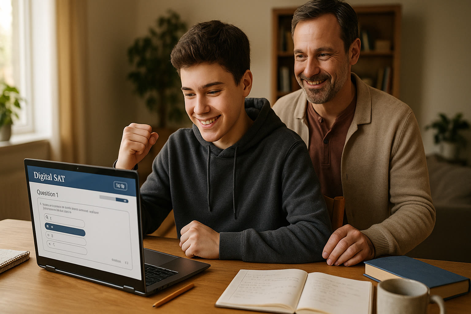 Photo Idea : A teen sitting at a desk with a laptop open to a practice Digital SAT interface, fist raised in a quiet victory while a parent looks on smiling from behind.