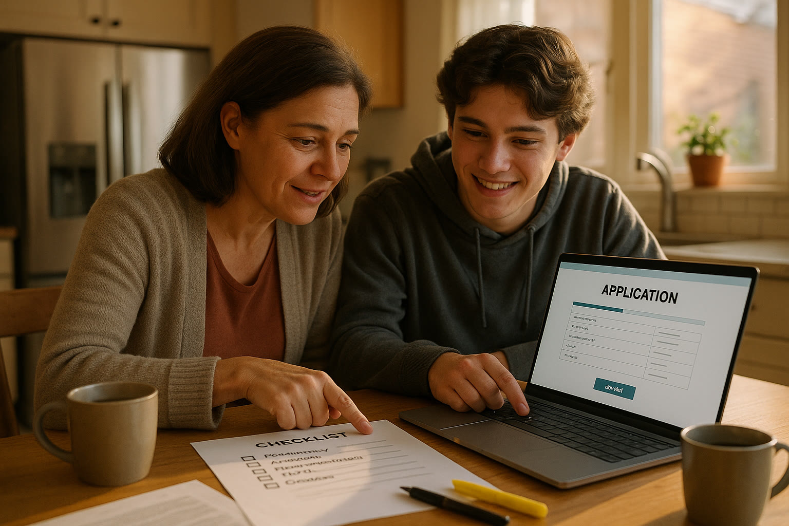 Photo Idea : A parent and teen seated at a kitchen table, laptop open to a college application portal, with a printed checklist and coffee—warm, collaborative scene showing partnership.
