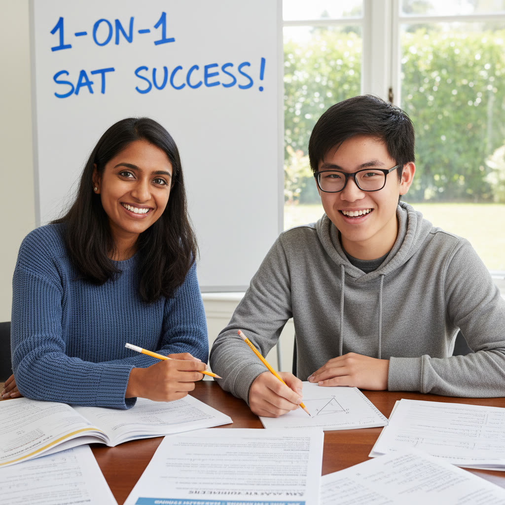 A tutor and student working at a table with practice tests visible, the tutor pointing to a math word problem and the student sketching a diagram—illustrating 1-on-1 guidance and tailored feedback.