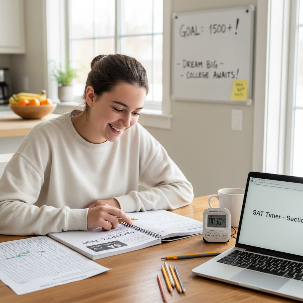 Photo idea showing a student at a kitchen table taking a timed practice test with a visible timer and completed answer sheet — the image conveys a realistic at-home test simulation