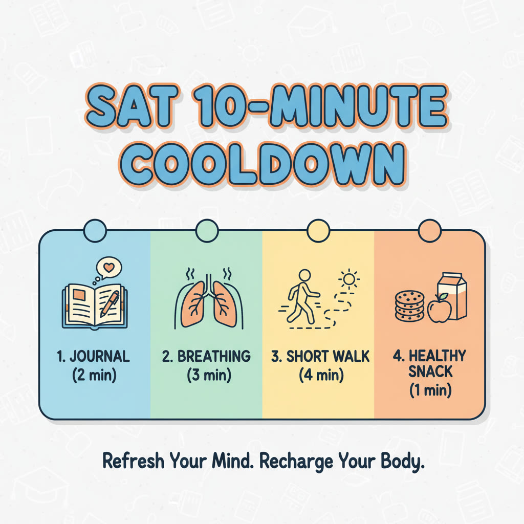 Illustration idea: A step-by-step infographic showing a 10-minute cooldown sequence: journal, breathing, short walk, snack — colorful and simple.