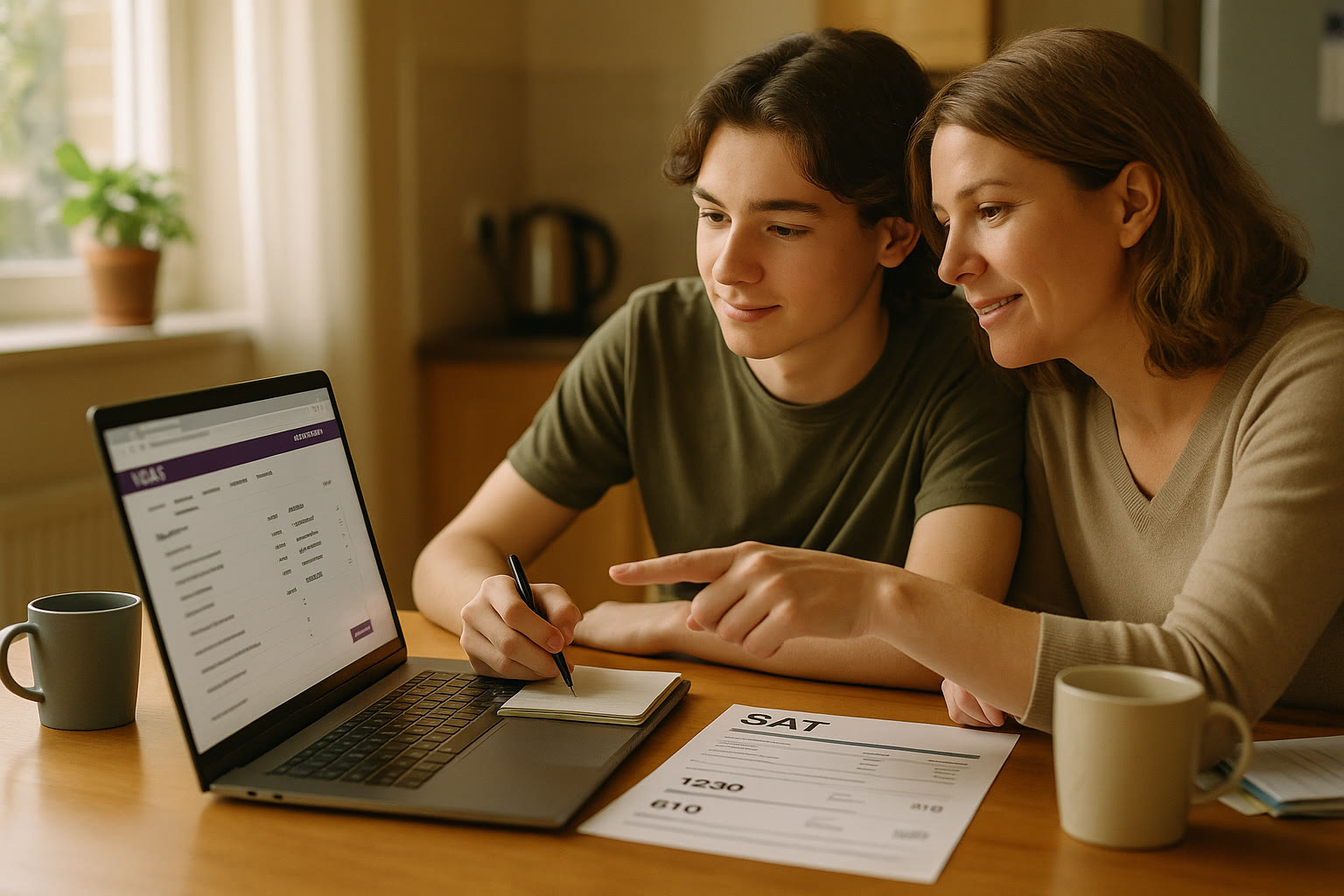 Photo Idea : A focused, warm photograph of a student and parent at a kitchen table with a laptop open to UCAS pages and a printed SAT score report beside them. The scene should feel collaborative and calm.