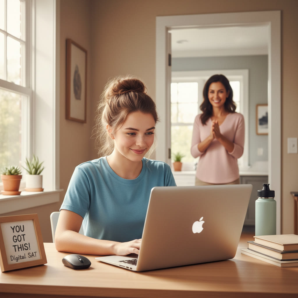 Photo Idea : A calm, focused student taking the Digital SAT on a laptop in a bright, clutter-free study nook with a parent quietly cheering from the doorway.