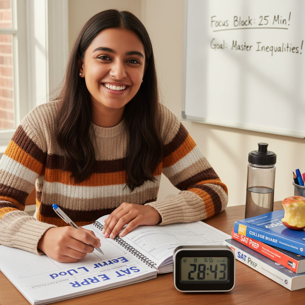 Photo idea: A student at a desk with a timer and an error log notebook open, focused during a 25–35 minute study block. Description: Captures focused, short study sessions and the tools used (timer, error log).