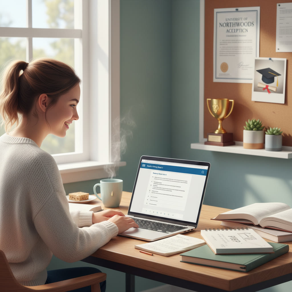 Photo Idea : A bright, friendly study scene showing a student taking the Digital SAT on a laptop in a well-lit room, with notes and a college acceptance letter visible in the background.