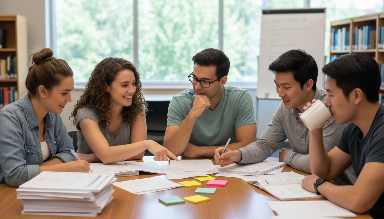 Photo Idea : A small study group reviewing past AP free-response questions together with printouts and sticky notes—conveys peer support, discussion, and active revision.