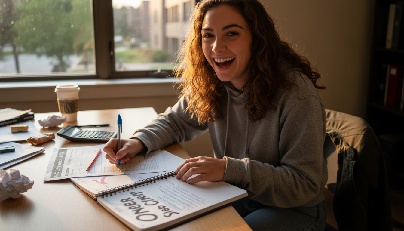 Photo Idea : A late-afternoon scene of a student finishing a mock AP test, checking answers, and writing a short reflection in a planner. The affirmation 