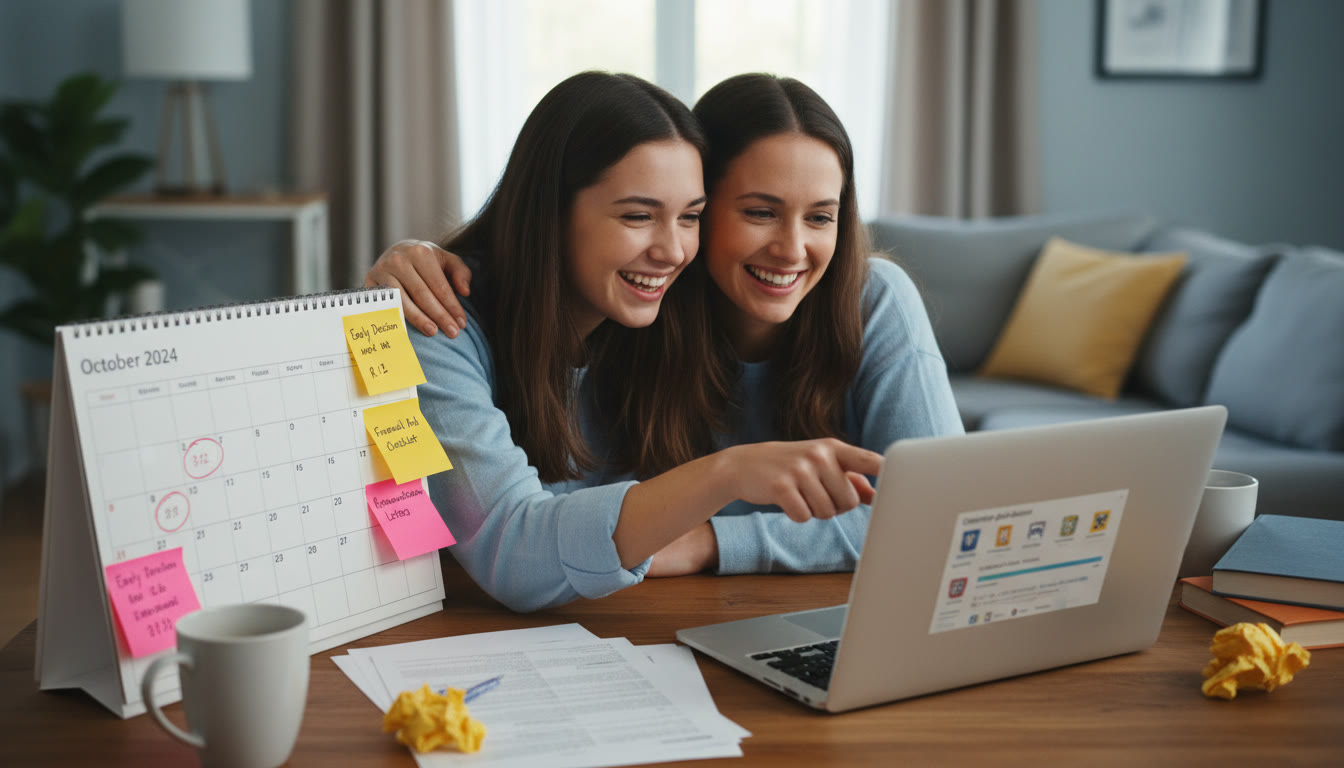 Photo Idea : A bright, candid photo of a student and parent looking at a laptop together, calendar and sticky notes nearby—conveys partnership and planning in the college application process.