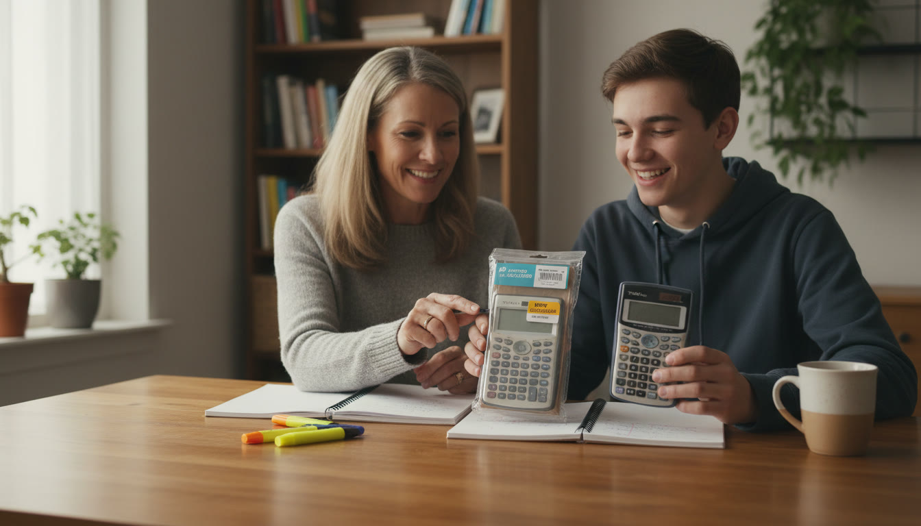 Photo Idea : A cozy kitchen table scene with a parent and teen comparing two calculators—one in box with tags (new) and one slightly worn (used)—both with a notebook, highlighters, and a mug of tea nearby.