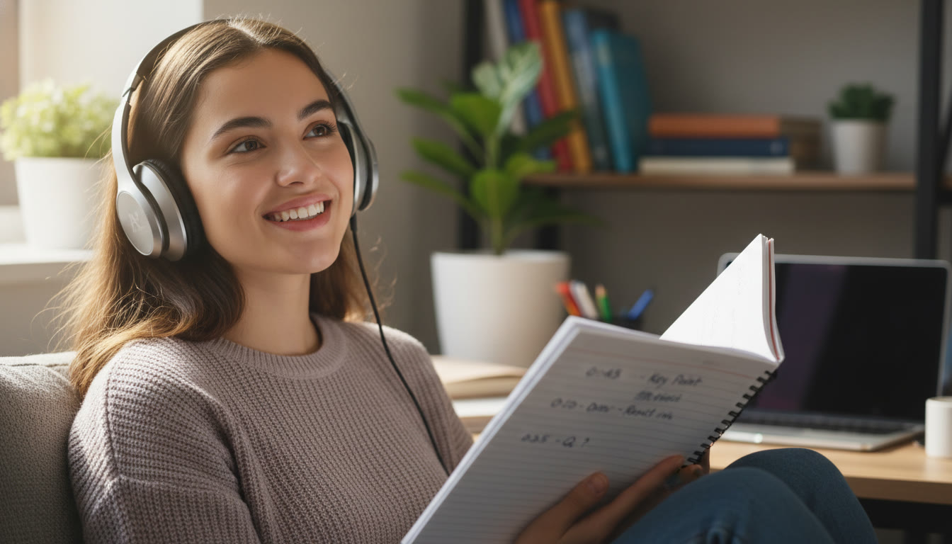 Photo Idea : Close-up of a student listening back with headphones, holding a notebook with timestamped notes. This image fits where we discuss analysis and feedback, showing active reflection.
