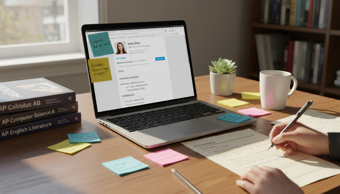 Photo Idea : A close-up shot of a student’s desk with an open laptop showing a LinkedIn profile on one side and a neatly written resume draft on the other, AP textbooks and sticky notes around — conveys the act of translating AP achievements into professional formats.