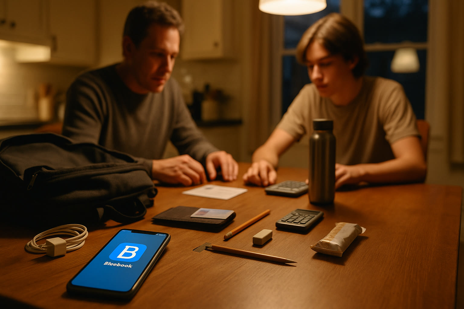 Photo Idea : A calm kitchen scene the evening before test day—parent and teen quietly laying out items (backpack, ID, charger) on the table, soft warm lighting, phone with Bluebook app icon visible.