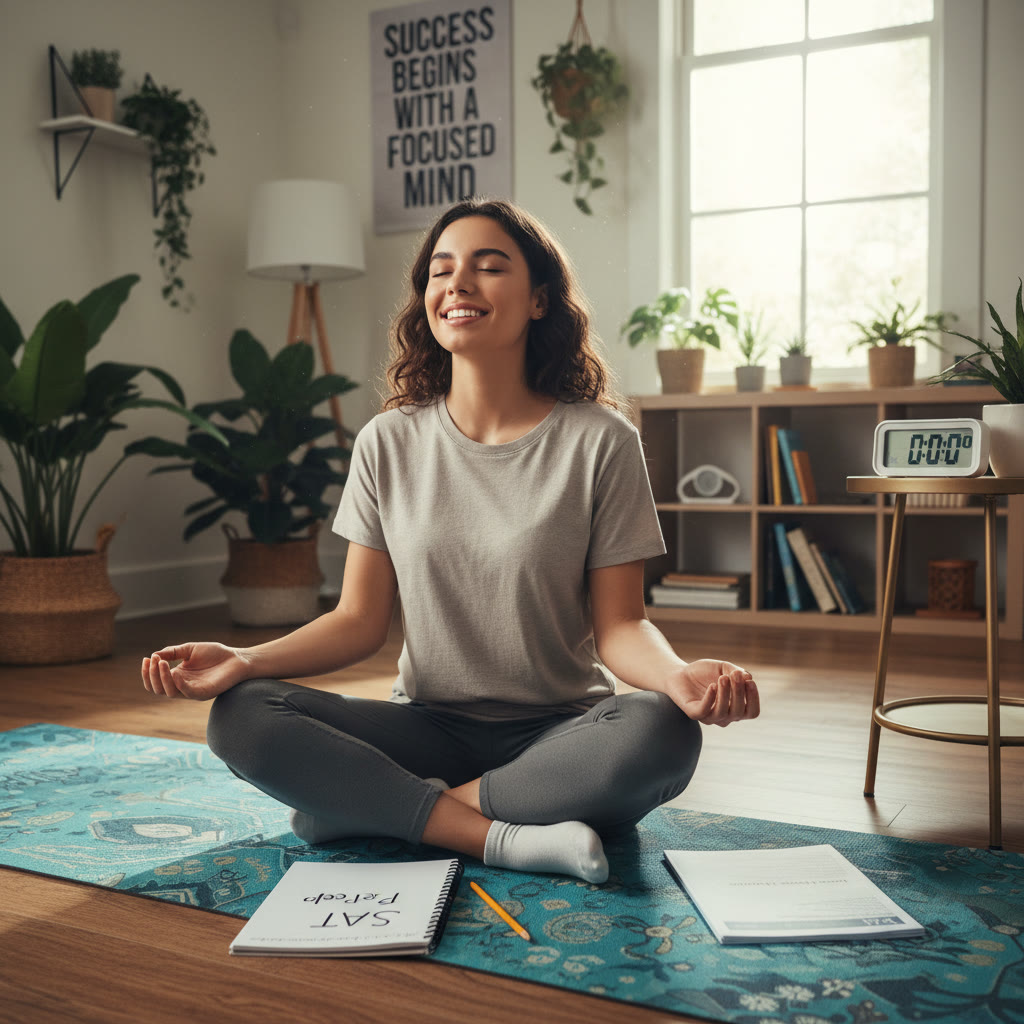 Photo idea: A student sitting cross-legged on a yoga mat with a notepad and pencil nearby, doing a brief breathing exercise before starting a timed SAT section—conveys calm preparation.
