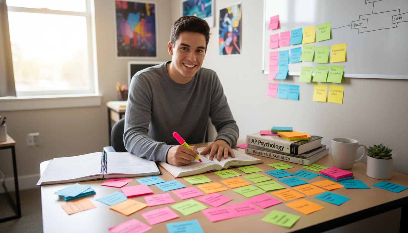 Photo Idea : A student at a desk surrounded by color-coded flashcards and sticky notes, smiling while highlighting key terms. This conveys organized, joyful studying and belongs near the Research Methods section to visually reinforce study strategy organization.