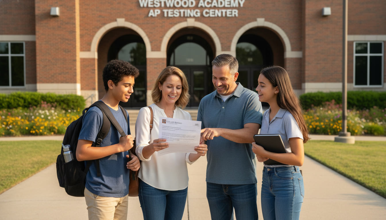 Photo Idea : A family standing outside an unfamiliar school entrance, looking at a printed confirmation email and chatting calmly — suggests planning and teamwork before an external test day.